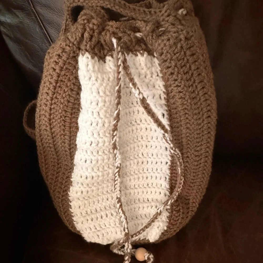 Handcrafted bohemian style hobo hand knit crochet bucket handbag tote purse
